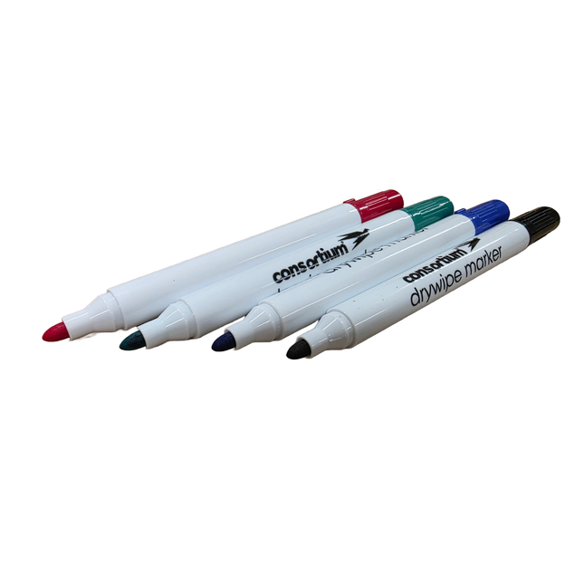 Four dry-erase markers with red, blue, green, and black caps on a white background.