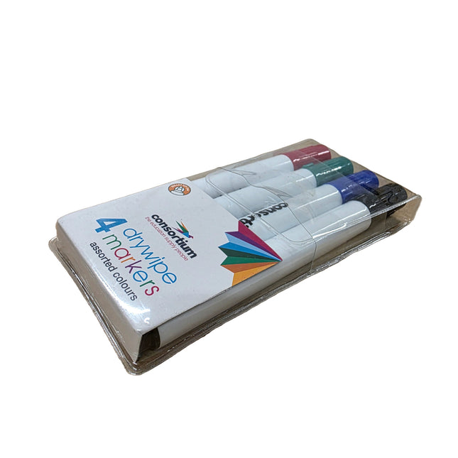 Pack of dry erase markers with a cardboard holder on a white background