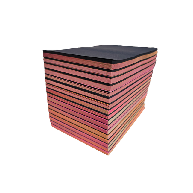 Stack of books with alternating black and pink pages on a white background