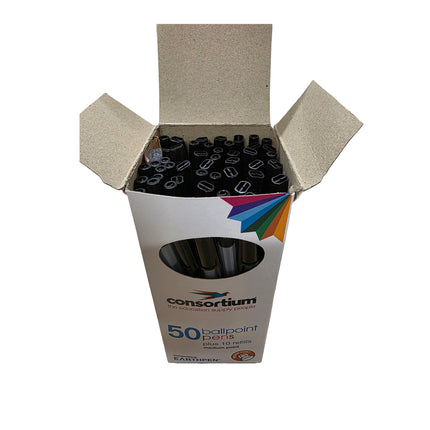 Box of Consortium ballpoint pens with a white background