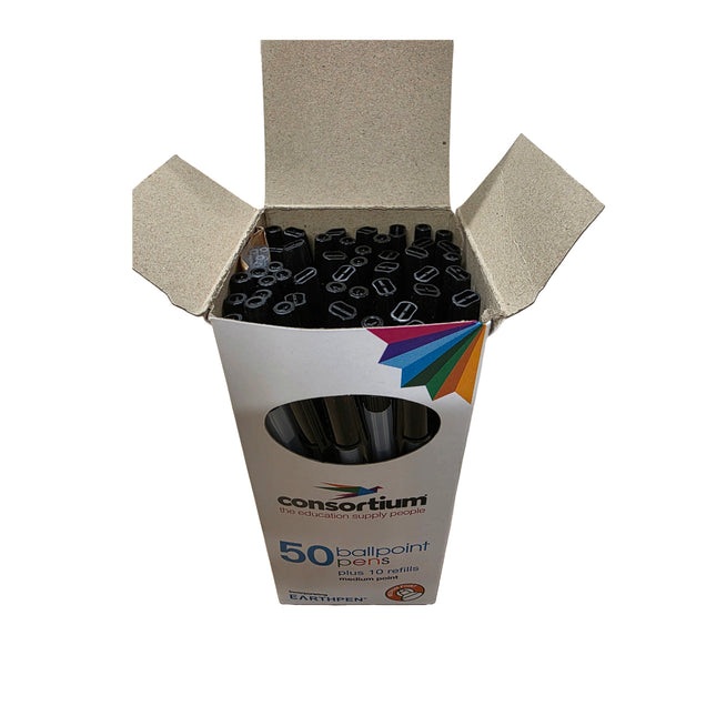 Box of Consortium ballpoint pens with a white background