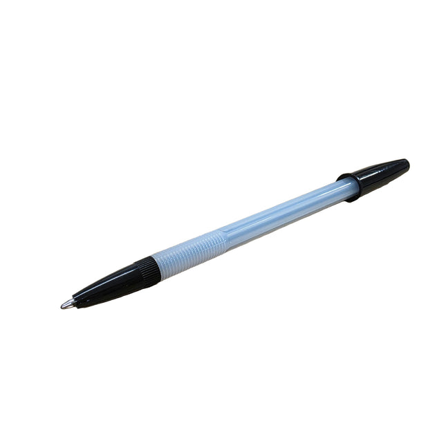 Pen with black and light blue design on a white background