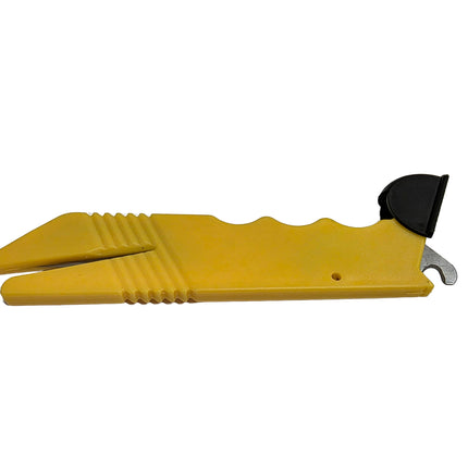 Yellow plastic tool with a black and silver component on a white background