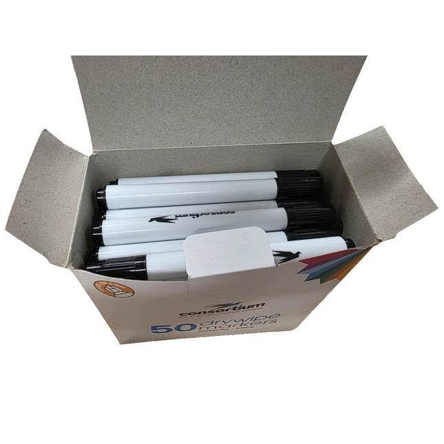 Box of consortium Black Drywipe Markers Chisel Tip