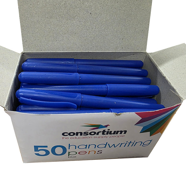 Box of blue handwriting pens with Consortium branding