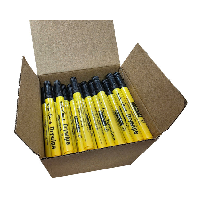 Box of yellow dry-erase markers with black caps on a white background