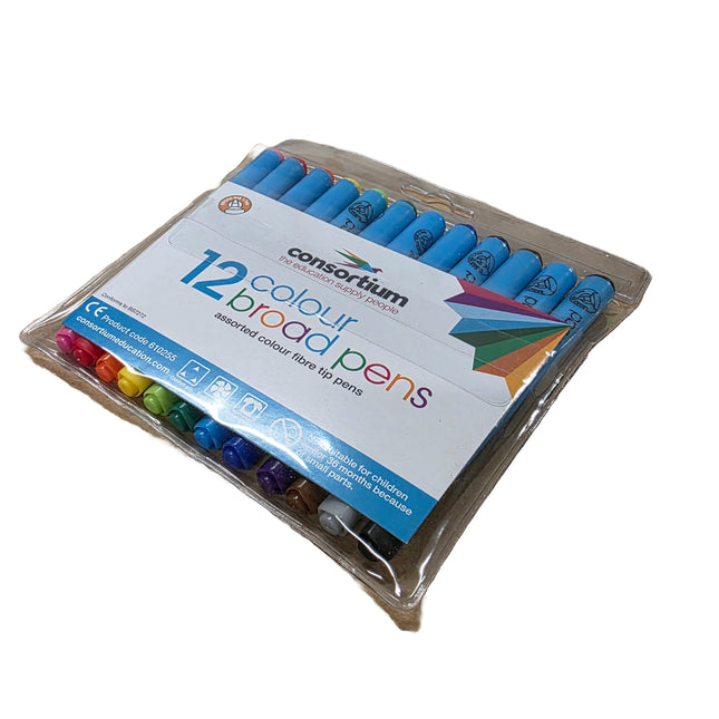 Pack of Consortium colour broad pens with blue markers on a white background