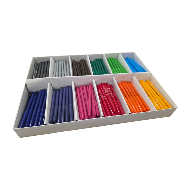 Colorful pens in a white compartmentalized box on a white background