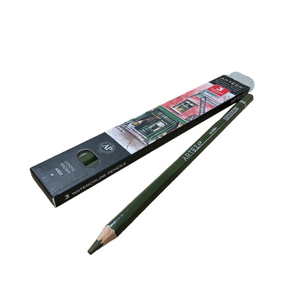 Green watercolor pencil with packaging on a white background