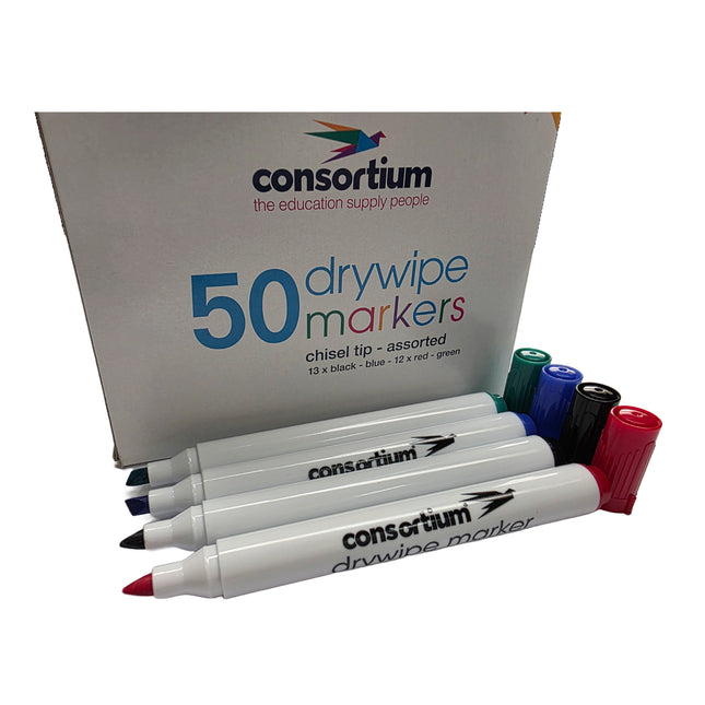 Box of Consortium drywipe markers with assorted colors on a white background