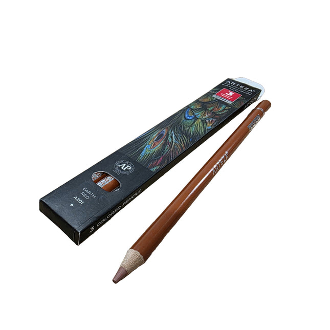 Brown pencil with packaging featuring peacock feathers on a white background