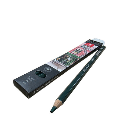 Green watercolor pencil with packaging on a white background