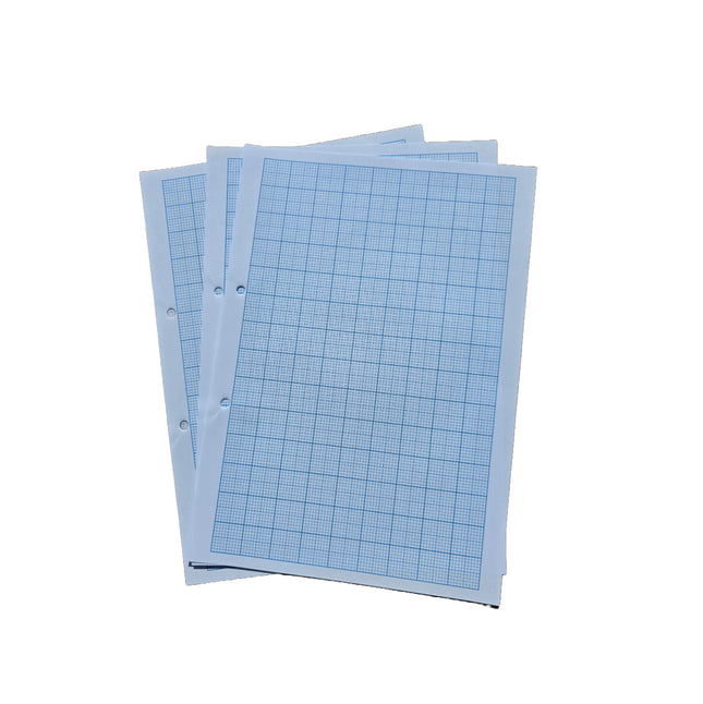 Three sheets of blue grid paper stacked on a white background