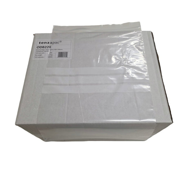 Box of Tenzapac packaging with a clear plastic bag on a white background