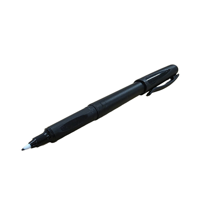 Black pen on a white background