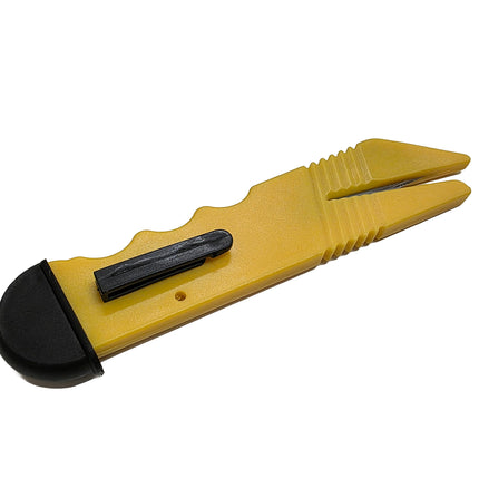 Yellow utility knife with black blade on a white background