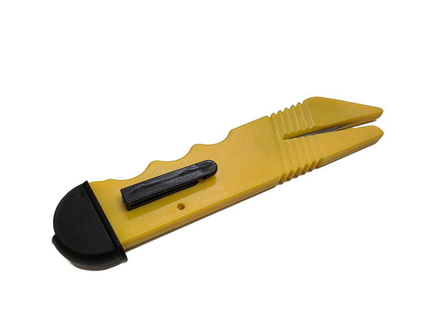 Yellow utility knife with black blade on a white background
