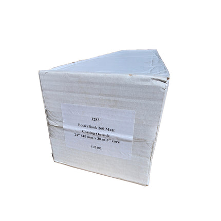 Box of posterboard with text on a white background