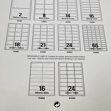 Sheet of label templates with various dimensions and quantities on a white background.