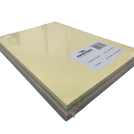 Pack of colored paper with a brand label on a white background
