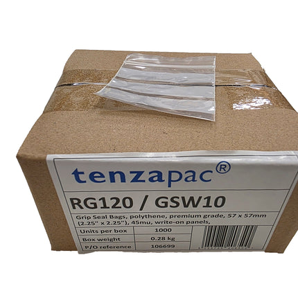 Box of tenzapac grip seal bags with a label on a white background