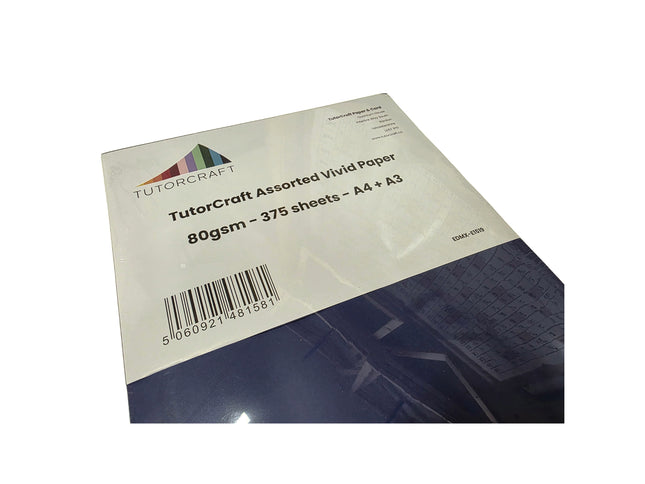 Packaging of TutorCraft assorted vivid paper with visible branding and product details.