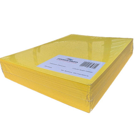 Stack of yellow sheets with a label on a white background
